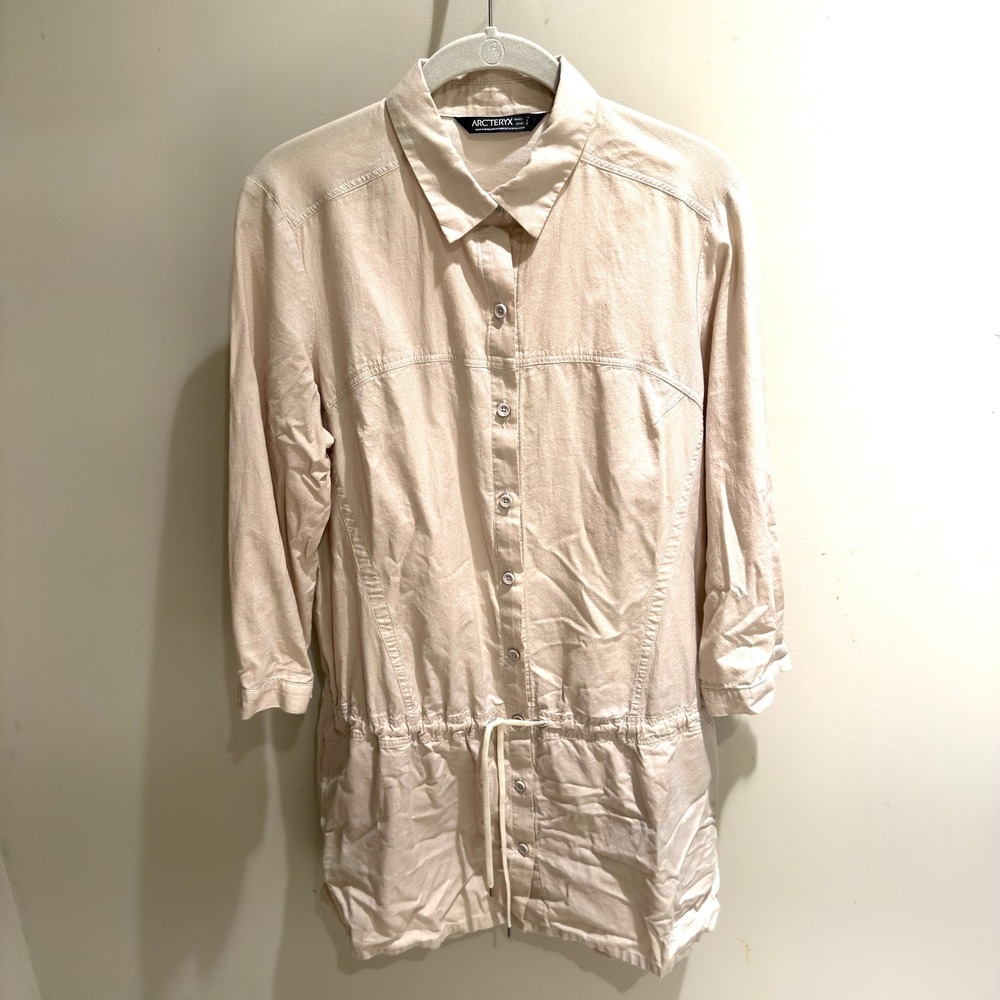 ARC TERYX Womens Linen Blend‎ Button Front Drawstring Waist Shirt Dress Beige